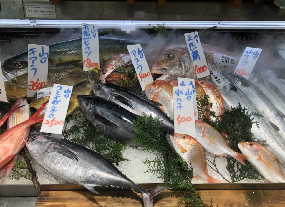 地元スーパーで販売されている魚コーナーの写真